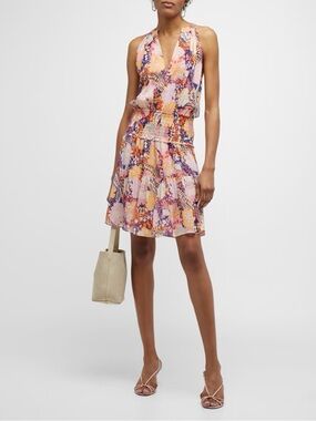 A.L.C. Courtney Floral Chiffon Silk Halter Mini Dress Midnight/Rose Multi Sz 6